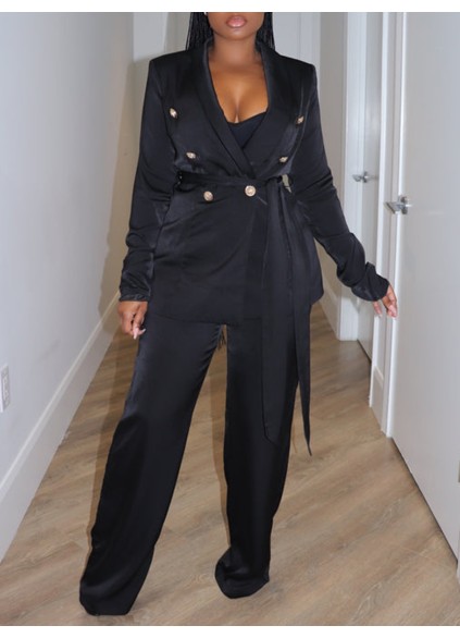 Black satin suit pants set