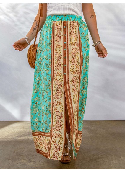 CONTRAST COLOR FLORAL PRINT BUTTON SLIT MAXI SKIRT