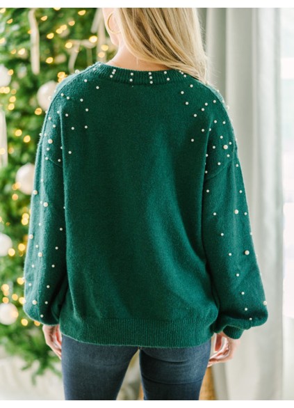 green pearl embellished sweater