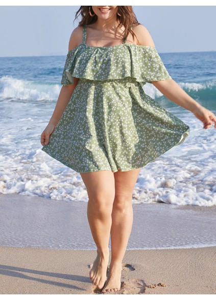 Green ruffled off-the-shoulder one-piece swimsuit