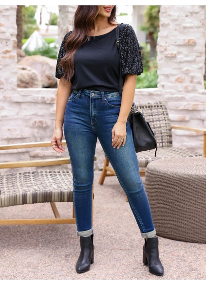 Sequin Bubble Sleeves Round Neck T-shirt