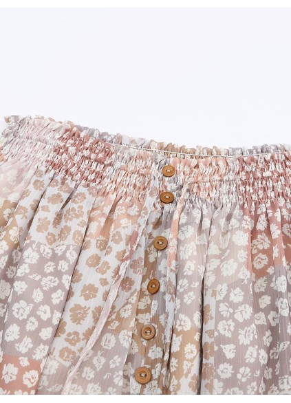 SPLIT BUTTONS DRAWSTRING SHIRRED FLORAL MAXI SKIRT
