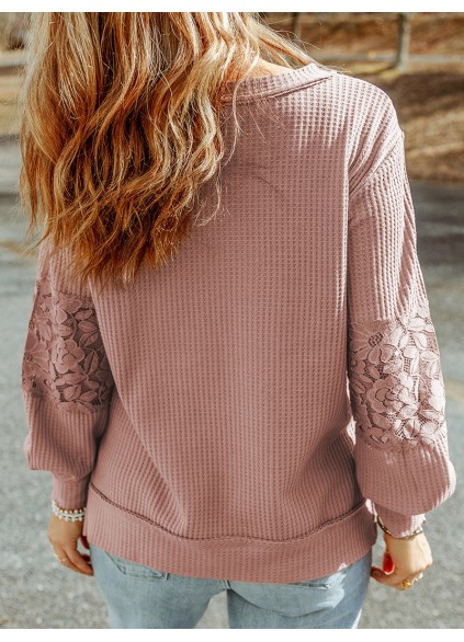 Waffle plaid lace up V-neck long sleeved top