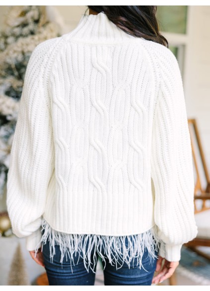 Cream White Feather Trim Sweater